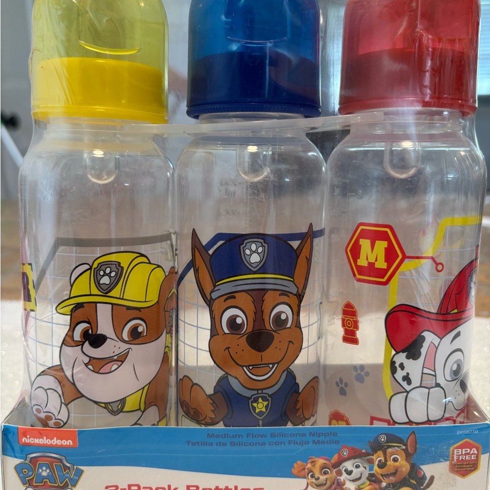 Paw Patrol 3-Pack Character Water Bottles with Yellow, Blue, Red Caps